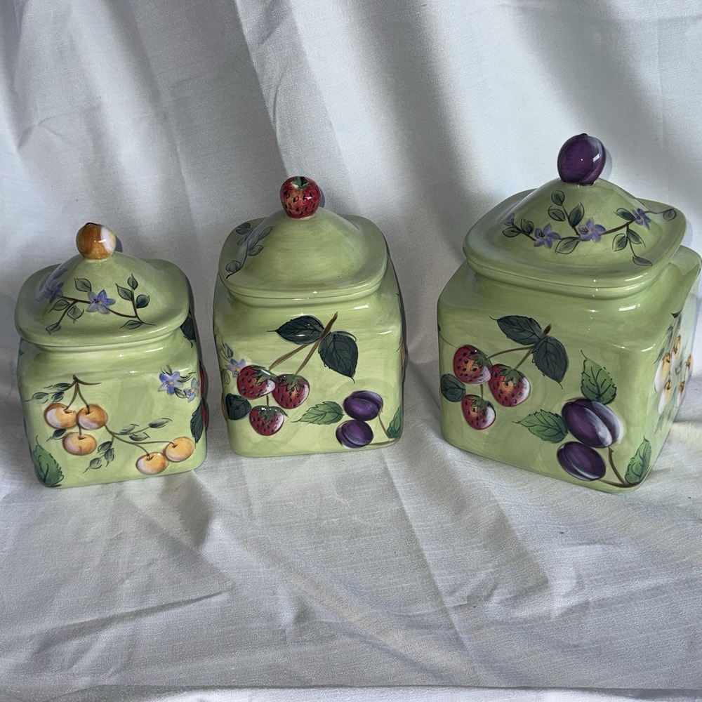 VTG 3 Canister Set Fruits N Berries Claire Murray Kitsch Cottage Floral Green